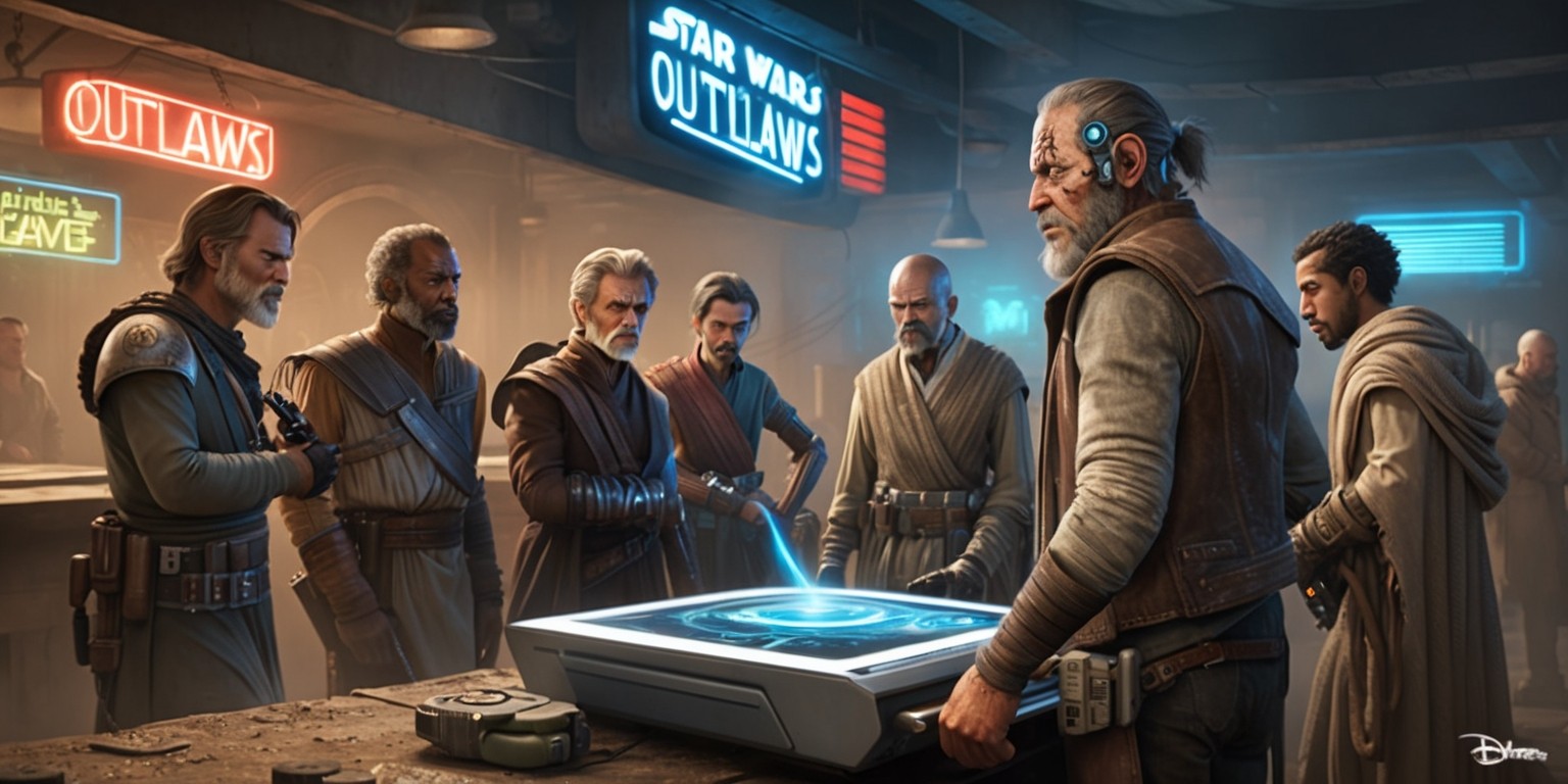 A gritty, cinematic digital illustration of the Star Wars Outlaws game, set in a dimly lit, dusty cantina on a forgotten planet, with a worn, rustic wooden counter and flickering neon signs in the background. In the foreground, a group of rugged, morally ambiguous outlaws, each with unique, weathered facial features and attire, gather around a holographic display projected from a sleek, high-tech console. One outlaw, a grizzled, scarred human with a cybernetic eye and a worn leather jacket, stands tall, gazing intently at the hologram, while others confer in hushed tones, clad in tattered robes and wielding exotic, high-tech gear. The color palette is muted, with shades of brown, beige, and grey, accented by flashes of bright, neon blue and red from the hologram and signs, capturing the spirit of a lawless, high-stakes galaxy.