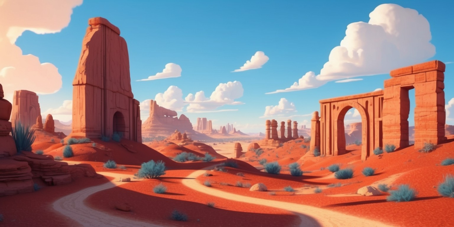 A serene and vibrant digital illustration of Monument Valley 3, depicting a surreal and fantastical landscape inspired by the iconic American Southwest, with majestic sandstone formations, delicate archways, and winding pathways, set against a bright blue sky with puffy white clouds. The scene is bathed in warm, golden sunlight, with long shadows cast across the rust-red terrain, evoking a sense of wonder and adventure. In the distance, ancient ruins and mysterious structures beckon, while geometric shapes and patterns are subtly integrated into the environment, echoing the game's unique aesthetic. The overall style is reminiscent of M.C. Escher's impossible constructions, with a mix of organic and geometric forms blending seamlessly together.