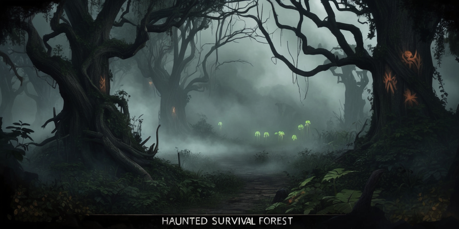 A dark and mystical haunted forest scene set in a survival game, with twisted tree branches and gnarled trunks looming in the background, the atmosphere is ominous and eerie, foliage is overgrown with thick fog rolling in, a sense of danger and fear is palpable, the color palette is muted with shades of dark green, brown, and grey, in the distance a faint glow of luminescent mushrooms or fireflies can be seen, the trees are adorned with strange symbols and markings, the overall style is reminiscent of a horror game with a mix of realism and fantasy elements, the layout is dense and claustrophobic with the forest looming in from all sides, framing the scene is a subtle vignette effect adding to the sense of unease and tension.