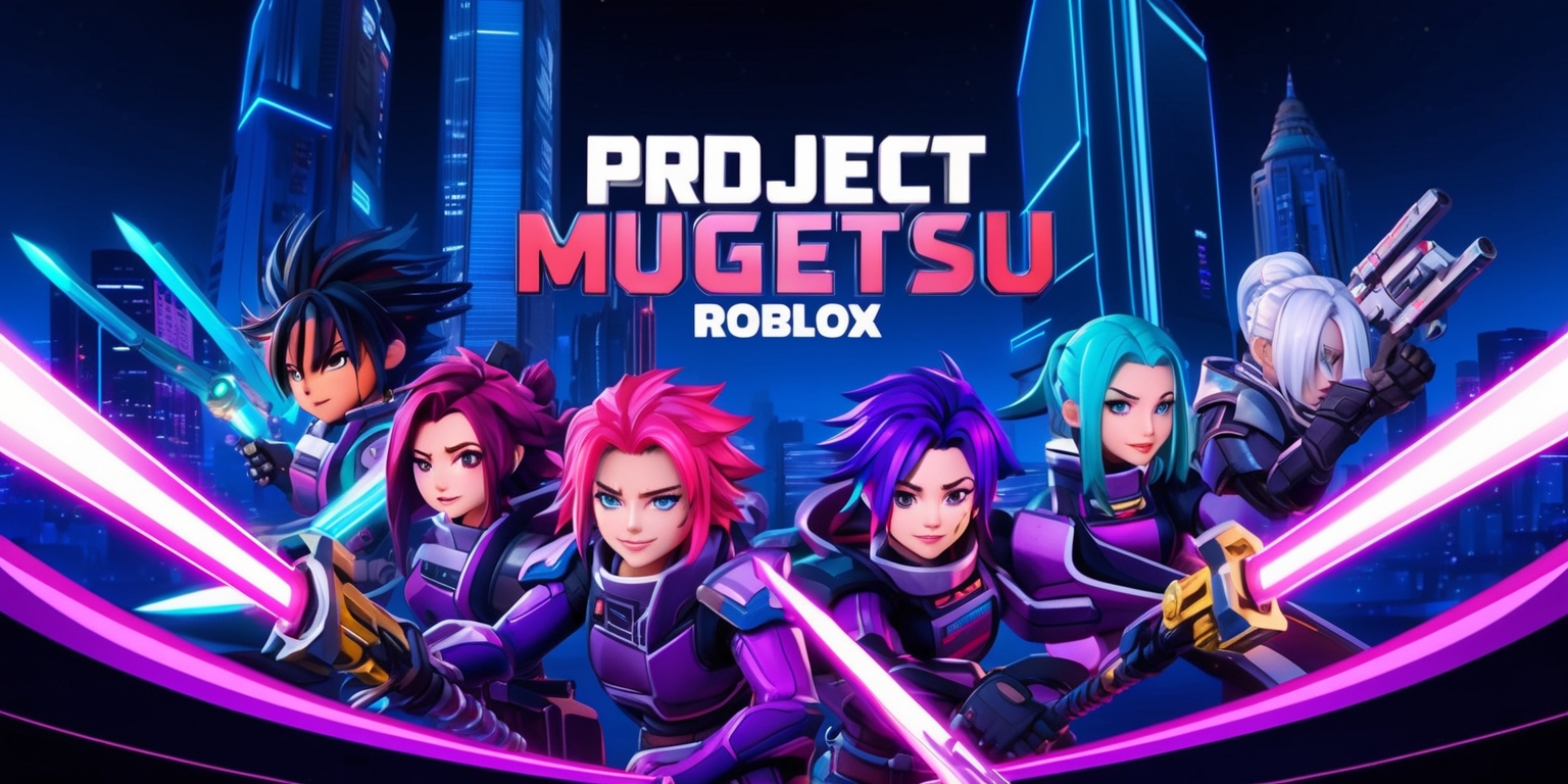 A vibrant and futuristic digital artwork depicting the Project Mugetsu game within the Roblox platform, set against a dark blue and neon-lit cityscape at dusk, with sleek skyscrapers and towering buildings in the distance, their windows glowing with a soft blue luminescence. In the foreground, a group of stylized, anime-inspired characters with vibrant hair colors and dynamic poses, showcasing their unique abilities and equipment, such as glowing swords, futuristic guns, and high-tech armor. The characters' faces are expressive, with detailed facial features, including sharp jawlines, bright eyes, and subtle smiles. The color palette is a mix of deep blues, purples, and neon pinks, with accents of silver and gold, evoking a sense of high-tech futurism and adventure. The composition is dynamic, with bold lines, sweeping curves, and a sense of movement, as if the characters are about to leap into action.