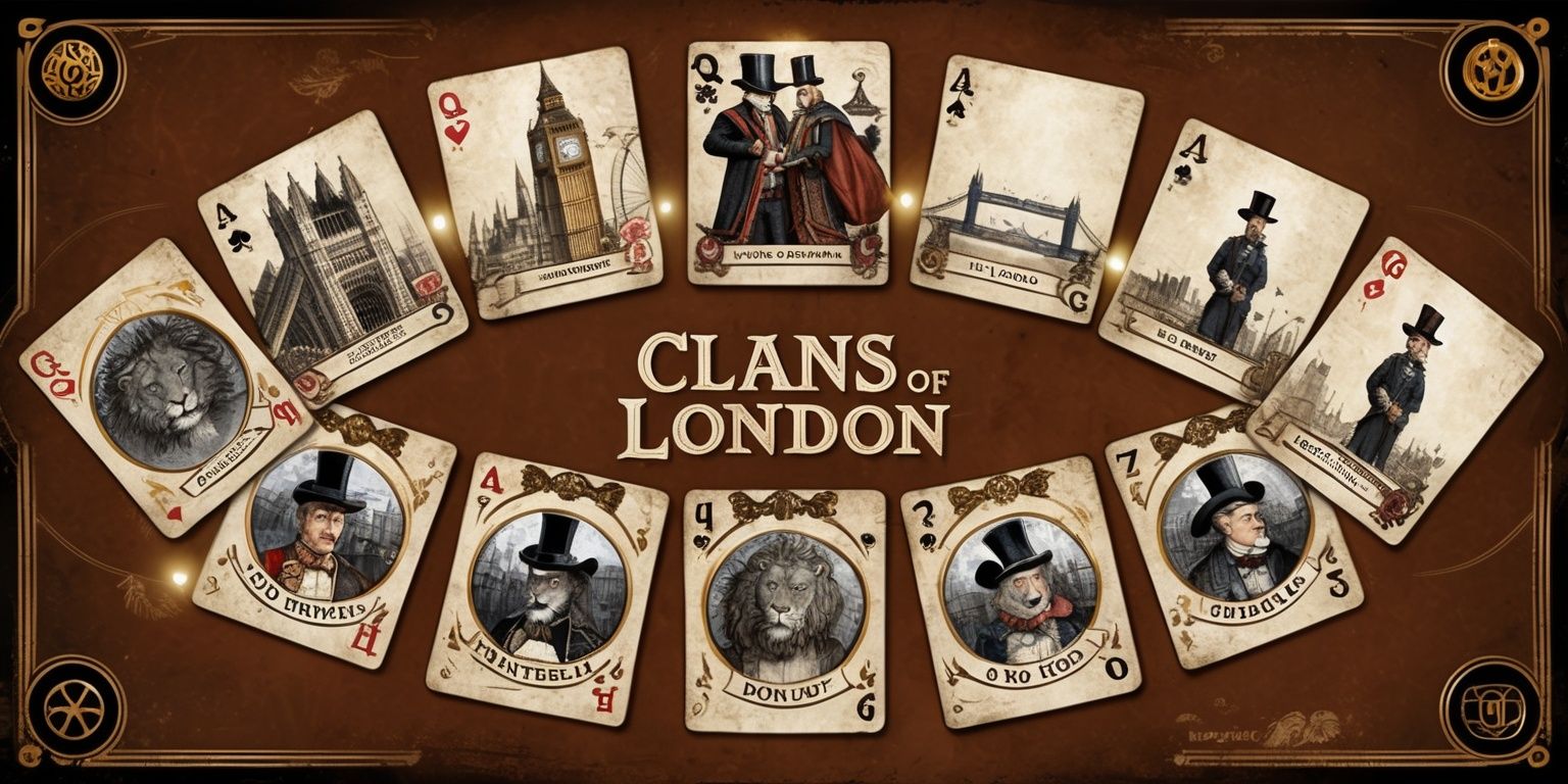 A detailed illustration of a Clans of London card game, with a vintage aesthetic and muted earthy tones, featuring intricate drawings of Victorian-era London landmarks and characters, including Big Ben, the London Bridge, and gentlemanly figures with top hats, set against a warm brown background with golden accents, the cards are arranged in a circular pattern with each clan's symbol, such as a lion or a dragon, prominently displayed in bold serif fonts, with subtle texture and wear effects to give the appearance of aged parchment, and a faint glow to evoke a sense of mystery and competition, the overall style is reminiscent of classic playing cards with a touch of steampunk flair.