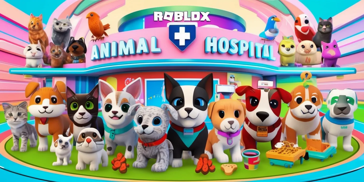 A vibrant and colorful digital illustration of a fictional animal hospital within the Roblox game universe, featuring various adorable animals such as cats, dogs, and birds, all with unique textures and expressions, surrounded by friendly game characters with diverse facial features and skin colors, set against a bright and welcoming background with pastel colors, sleek lines, and futuristic architecture, incorporating the distinctive Roblox style with bold shapes and lively patterns, and including several fun and creative elements such as medical equipment, toys, and treats, with a clear and centralized composition, and a mix of warm and cool colors to evoke a sense of joy and care.