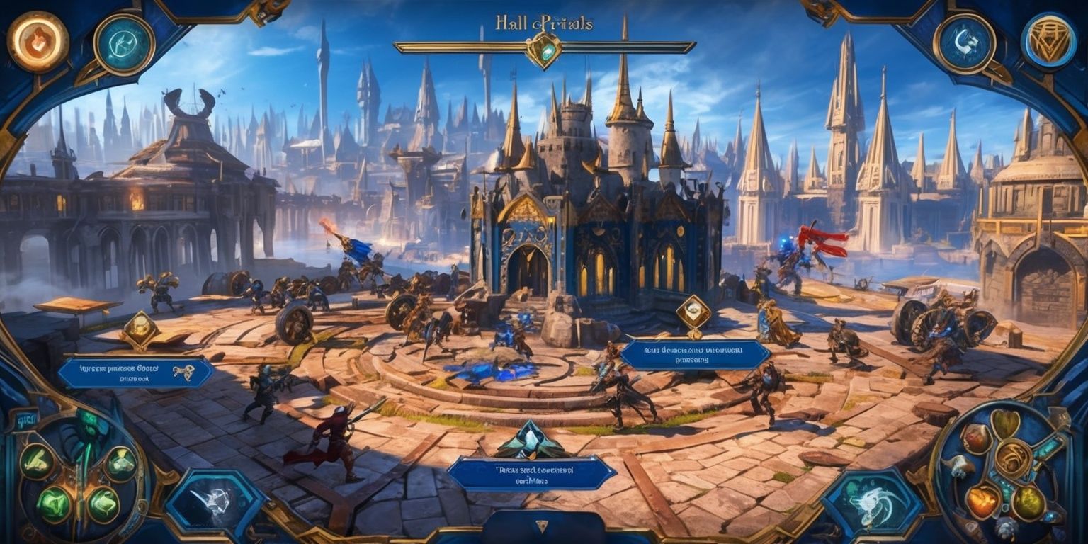 A vibrant game world with dynamic visuals, diverse gameplay modes, and strategic challenges, featuring a mix of medieval and futuristic elements, with a color palette of deep blues and golds, set against a backdrop of a sprawling cityscape with towering spires and grand architecture, where players engage in intense battles in various arenas like the Hall of Trials, with intricate details on character designs, weapons, and armor, incorporating mechanics like resource management, adaptive environmental effects, and narrative-driven investigative missions, all presented in a stylized, high-fantasy art style with intricate textures and lighting effects.