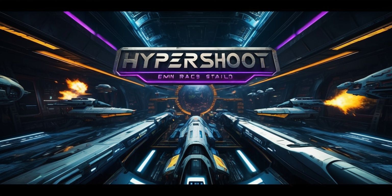 A dystopian sci-fi themed video game screenshot of a hypershot shooter game, featuring a futuristic first-person perspective with sleek metallic surfaces, neon lights, and a dark gritty atmosphere, set in a crowded space station with sleek spaceships and advanced alien technology, the color palette consists of deep blues and purples with accents of bright orange and yellow, the game's logo is displayed prominently in bold metallic letters with a futuristic font style, the overall style is reminiscent of classic sci-fi movies with a modern twist, the layout is dynamic with fast-paced action and explosions, the framing is first-person with a slight vignette effect, the graphics are highly detailed with realistic textures and lighting effects.