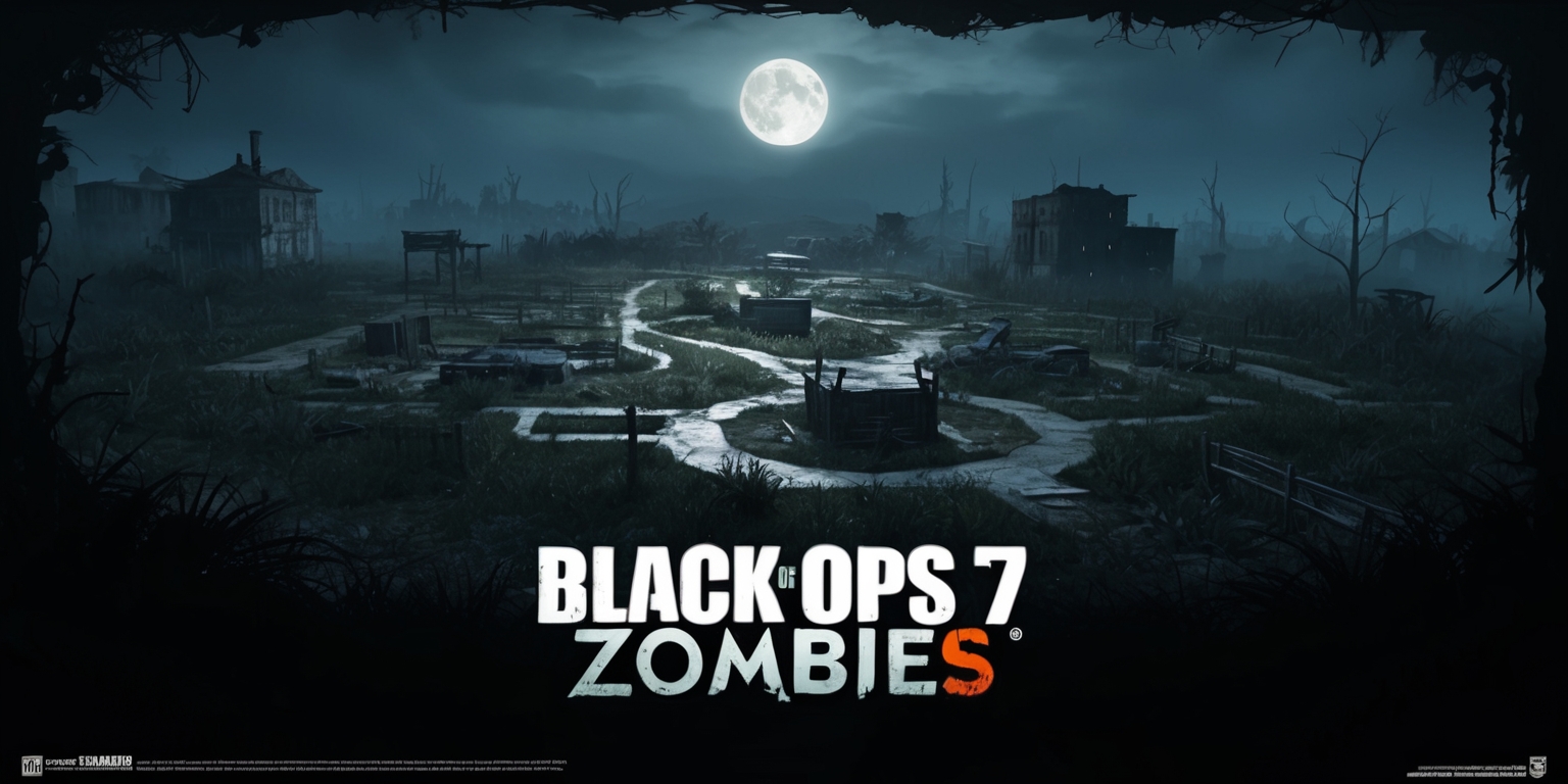 A dark and ominous scene depicting a Black Ops 7 Zombies map, set in a mystical and eerie environment with abandoned buildings, overgrown vegetation, and a sense of desolation, the map's layout is visible with various pathways and areas of interest, a full moon hangs low in the sky casting an eerie glow, the color palette is muted with shades of dark blues and grays, the overall style is reminiscent of a horror movie with a focus on survival and intensity, the framing is cinematic with a wide-angle view of the map, the Zombies logo is prominently displayed in a bold and distressed font with a metallic sheen, the atmosphere is tense and foreboding, with an emphasis on the thrill and excitement of navigating the treacherous map.