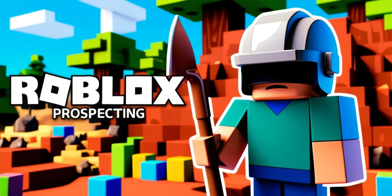 A vibrant digital artwork depicting a scene from the Roblox Prospecting game, with a focus on a character wearing a sleek mining helmet and holding a shovel, set against a backdrop of a richly textured, earthy environment filled with trees, rocks, and a bright blue sky, the character's facial features obscured by the helmet's visor, with a determined expression, surrounded by colorful blocks and mining equipment, the overall style reminiscent of a mix of low-poly 3D graphics and pixel art, with bold lines and vivid colors, including shades of brown, green, and blue, and a sense of depth and dimensionality achieved through careful layering and composition.