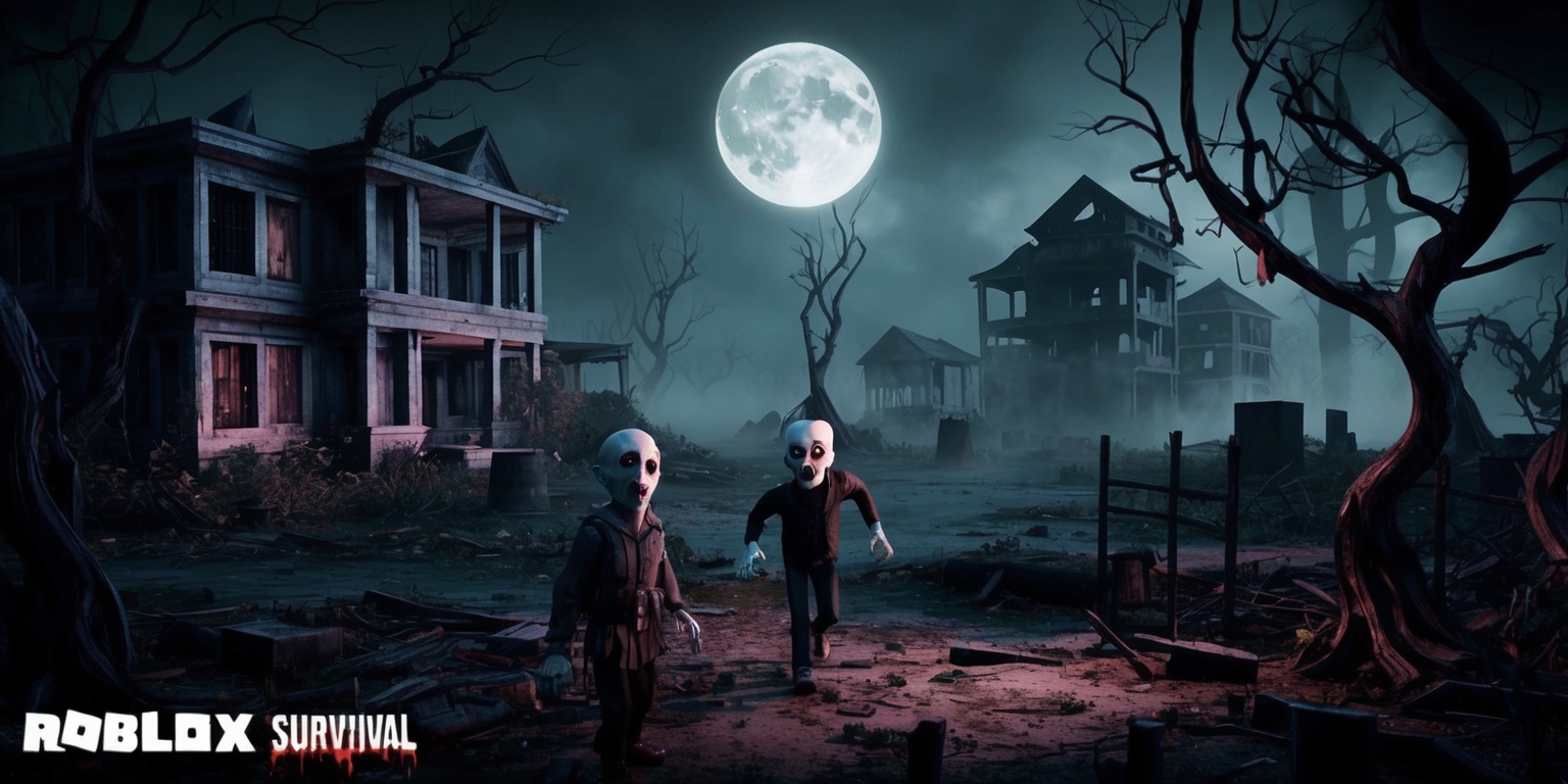 A dark and ominous scene from a Roblox horror survival game, set in a haunting environment with eerie lighting, muted colors, and an overall sense of foreboding, featuring distorted character models with exaggerated facial features, pale skin, and tattered clothing, with a focus on a lone survivor navigating through a creepy abandoned landscape filled with abandoned buildings, twisted trees, and ominous fog, with bold lines, sharp textures, and a mix of vibrant and muted hues to create a sense of tension and dread, and in the distance, a large, ominous full moon hanging low in the sky, casting an unearthly glow over the desolate scene.