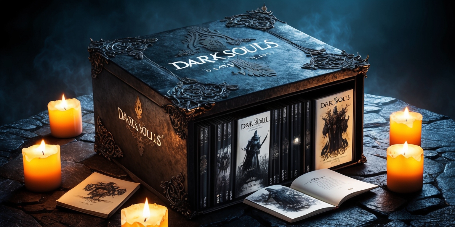 A mysterious, worn, and ornate box set adorned with intricate, gothic-inspired metal filigree accents, housing a collection of Dark Souls graphic novels, sits atop a dimly lit, stone-textured surface, surrounded by flickering candles, casting an eerie glow. The novels' covers feature haunting, monochromatic illustrations of iconic Dark Souls characters, landscapes, and creatures, with bold, distressed typography. The box itself is bound in black, weathered leather, with subtle, debossed patterns of flames, skulls, or other macabre motifs. A few strategically placed, dog-eared pages peek out, as if the reader had hastily abandoned their journey. In the background, a subtle, gradient blue mist seeps in, evoking the foreboding atmosphere of the Dark Souls universe.