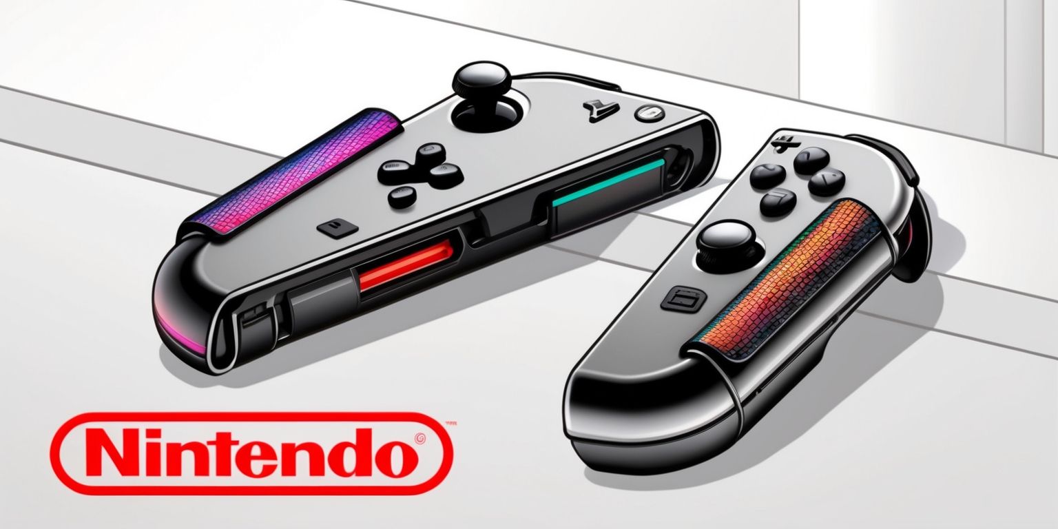 A detailed illustration of a Nintendo Joy-Con 2 controller accessory, showcasing its sleek and compact design, with a focus on the vibrant colors of the Joy-Con rails, the metallic finish of the accessory's body, and the precise textures of the grips, set against a clean and minimalist background that accentuates the accessory's shape and functionality, with the Nintendo logo prominently displayed in a bold, red font with a white outline, highlighting the accessory's compatibility and authenticity.
