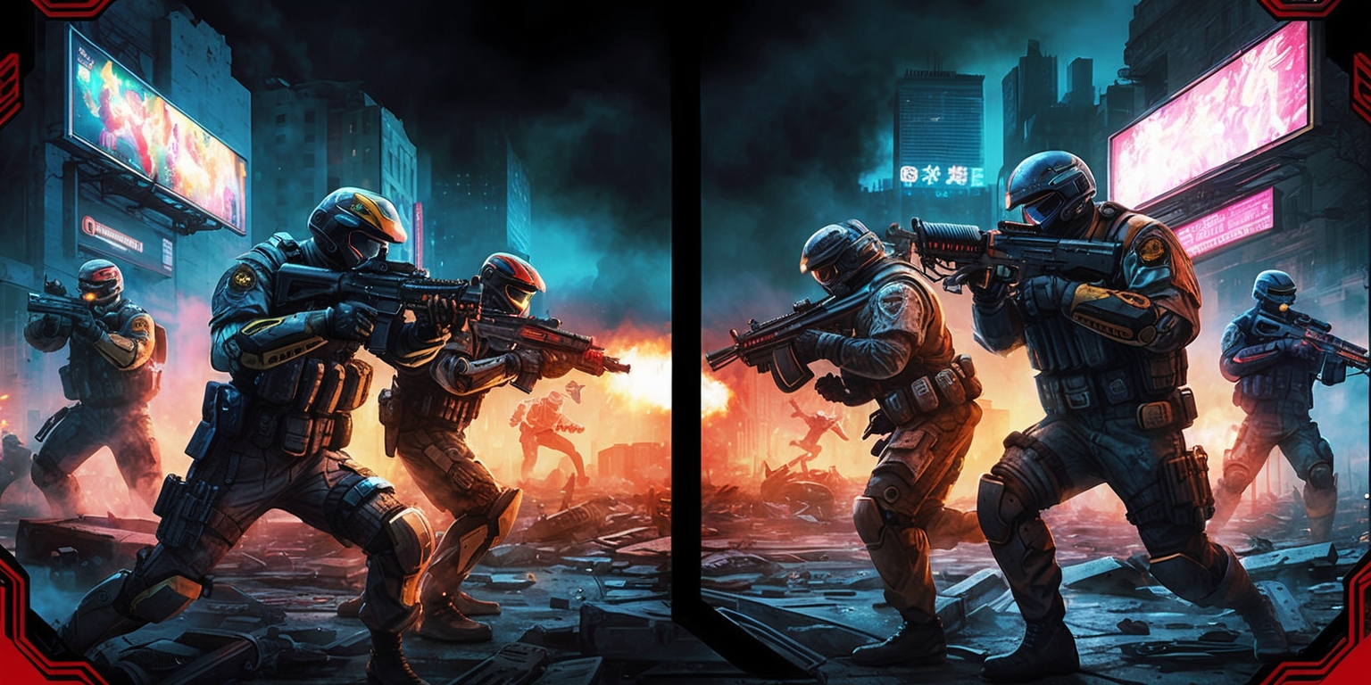 A gritty, futuristic illustration of a dual-front tactical shooter game featuring two opposing teams of heavily armored soldiers, each with distinctive, hi-tech weaponry, in the midst of an intense urban firefight amidst a cityscape with crumbling buildings and neon-lit billboards, with a bold, vibrant color scheme and dramatic lighting, set against a dark, ominous sky with an air of tension and urgency, the characters' facial features obscured by helmets and goggles, their skin tones a mix of realistic, weathered complexions, with subtle hints of dirt, sweat, and battle fatigue, the overall style blending realistic textures with stylized, graphic novel-inspired visuals, the layout framed by a cinematic, widescreen aspect ratio, with bold, futuristic font overlays displaying essential game information, such as health meters, ammo counts, and strategic objectives.