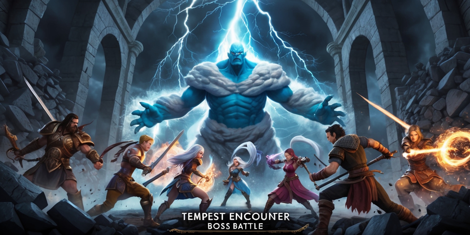 A dramatic fantasy gaming scene depicting a Tempest Encounter boss battle, set in a darkened, mystical arena with ancient stone walls and a high, vaulted ceiling, illuminated by flashes of lightning and magical energy, the boss, a towering, humanoid figure with piercing blue eyes and skin like turbulent storm clouds, summoning whirlwinds and bolts of electricity, stands at the center, surrounded by a group of brave adventurers, each with unique facial features, skin tones, and attire, including a warrior with a strong jawline and determined expression, a mage with piercing green eyes and flowing silver hair, and a rogue with a mischievous grin and athletic build, all engaging in intense combat, with swords clashing, spells casting, and magical effects exploding in a kaleidoscope of colors, amidst a backdrop of ominous, stormy skies and shattered stone debris.