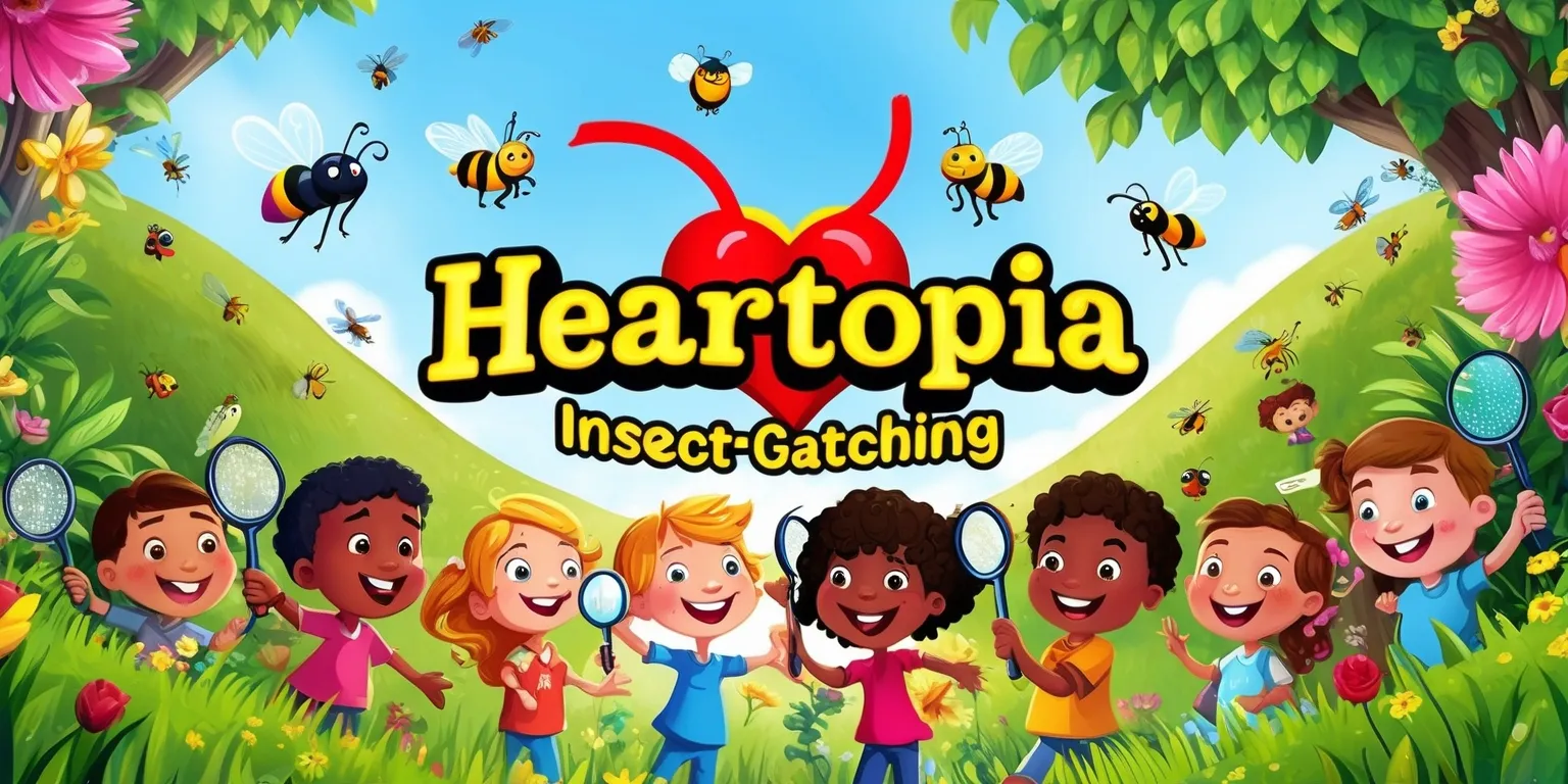 A whimsical illustration of the Heartopia insect-catching game, featuring a vibrant and colorful landscape with lush green grass, towering flowers, and clear blue sky, where various insects such as butterflies, bees, and fireflies flit about, amidst a group of excited children with bright smiling faces, rosy cheeks, and diverse skin tones, all of whom are engaged in the thrilling game, with some holding nets, others looking through magnifying glasses, and a few cheering each other on, set against a backdrop of rolling hills and trees, with the game's logo, a stylized heart-shaped symbol with bold red and yellow lines, prominently displayed in the center, surrounded by the game's name in bold, curly, golden font, with each letter adorned with tiny illustrations of leaves and flowers.