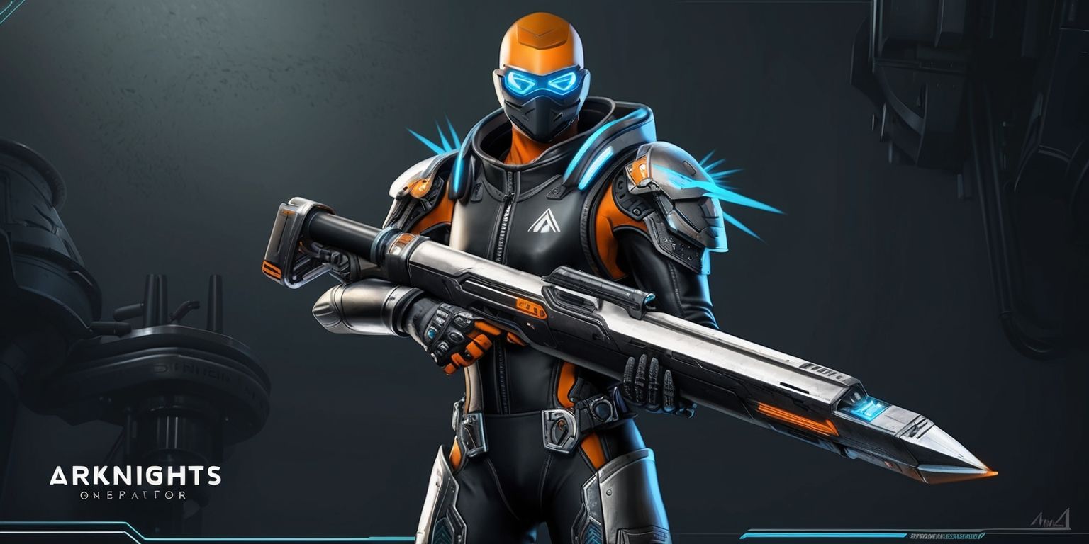 A highly detailed digital illustration of an Arknights Endfield operator, set against a dark muted background with subtle hints of industrial machinery and futuristic technology, the operator stands prominently with a strong stance, wearing a sleek black and silver outfit adorned with intricate mechanical details, their facial features are obscured by a mask, with piercing blue eyes visible, the operator's skin has a warm golden undertone, they hold a large futuristic rifle with a distinctive design, the overall aesthetic is a blend of sci-fi and industrial elements, with a focus on sharp lines, metallic textures, and a predominantly dark color scheme with bursts of bright blue and orange accents, the operator's uniform bears the Arknights logo in a stylized silver font on their chest.