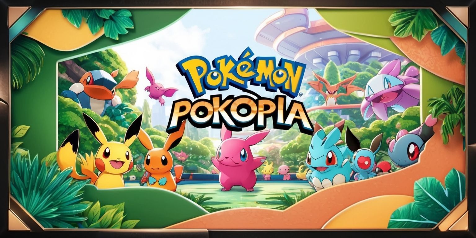 A colorful digital illustration depicting the vibrant world of Pokémon Pokopia, with a stylized layout and framing that showcases various Pokémon characters amidst lush greenery and futuristic architecture, the Pokémon are designed with intricate details and textures, with a bright and playful color palette, the overall style is reminiscent of a mix of anime and fantasy elements, with bold lines and expressive facial features, the Pokopia game logo is prominently displayed in a modern, sleek font with a metallic sheen, the background is a warm and inviting blend of earthy tones and soft pastels, with subtle shading and lighting effects that add depth and dimension to the scene.