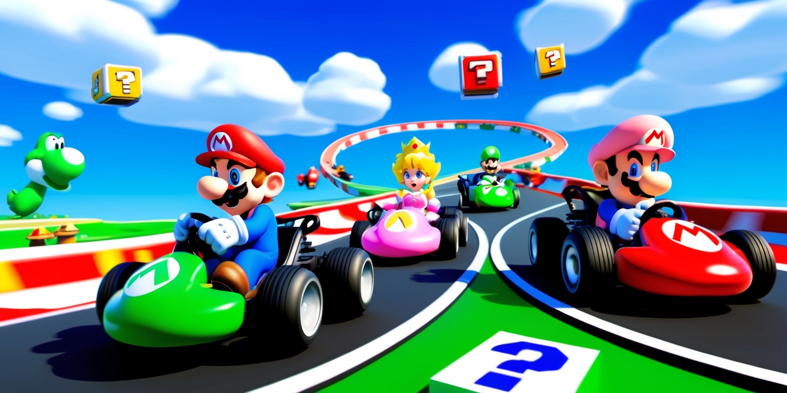 A vibrant digital artwork depicting a Mario Kart game, set against a bright blue sky with fluffy white clouds, showcasing Mario, Luigi, Princess Peach, and Bowser racing on a winding track, each character rendered in their signature outfits and facial expressions, Mario with his red cap and blue overalls, Luigi with his green cap and yellow overalls, Princess Peach with her pink dress and golden crown, and Bowser with his spiky shell and menacing grin, the karts themselves sleek and colorful, surrounded by power-up boxes, mushrooms, and question mark blocks, with speed lines and motion blur conveying the chaos and excitement of the race, the overall style inspired by the classic Nintendo game's visuals, with crisp lines, bold shapes, and a dynamic composition that puts the viewer right in the middle of the action.