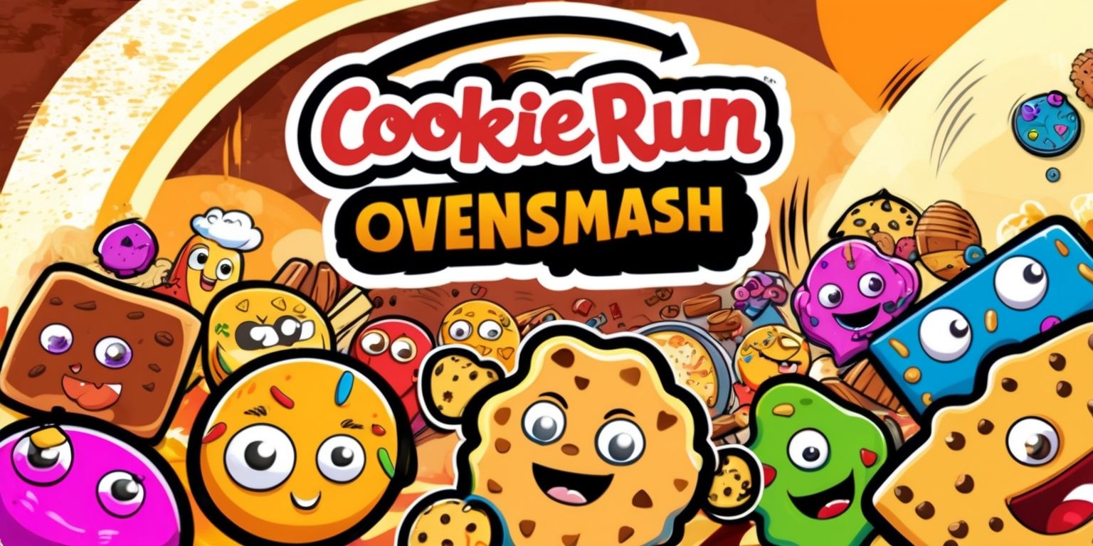 A vibrant and dynamic digital illustration of the Cookie Run: OvenSmash game, featuring a variety of colorful cookie characters with distinct facial expressions and designs, set against a warm and inviting background with hints of golden brown and creamy white, with bold lines and textures, and a mix of modern and playful typography, highlighting the game's logo in a curved line above the characters, with the words Cookie Run in a bold, cursive font and OvenSmash in a stylized, sans-serif font, and incorporating various game elements such as scoring systems, power-ups, and obstacles, all blended together in a lively and action-packed scene that captures the essence of the game.