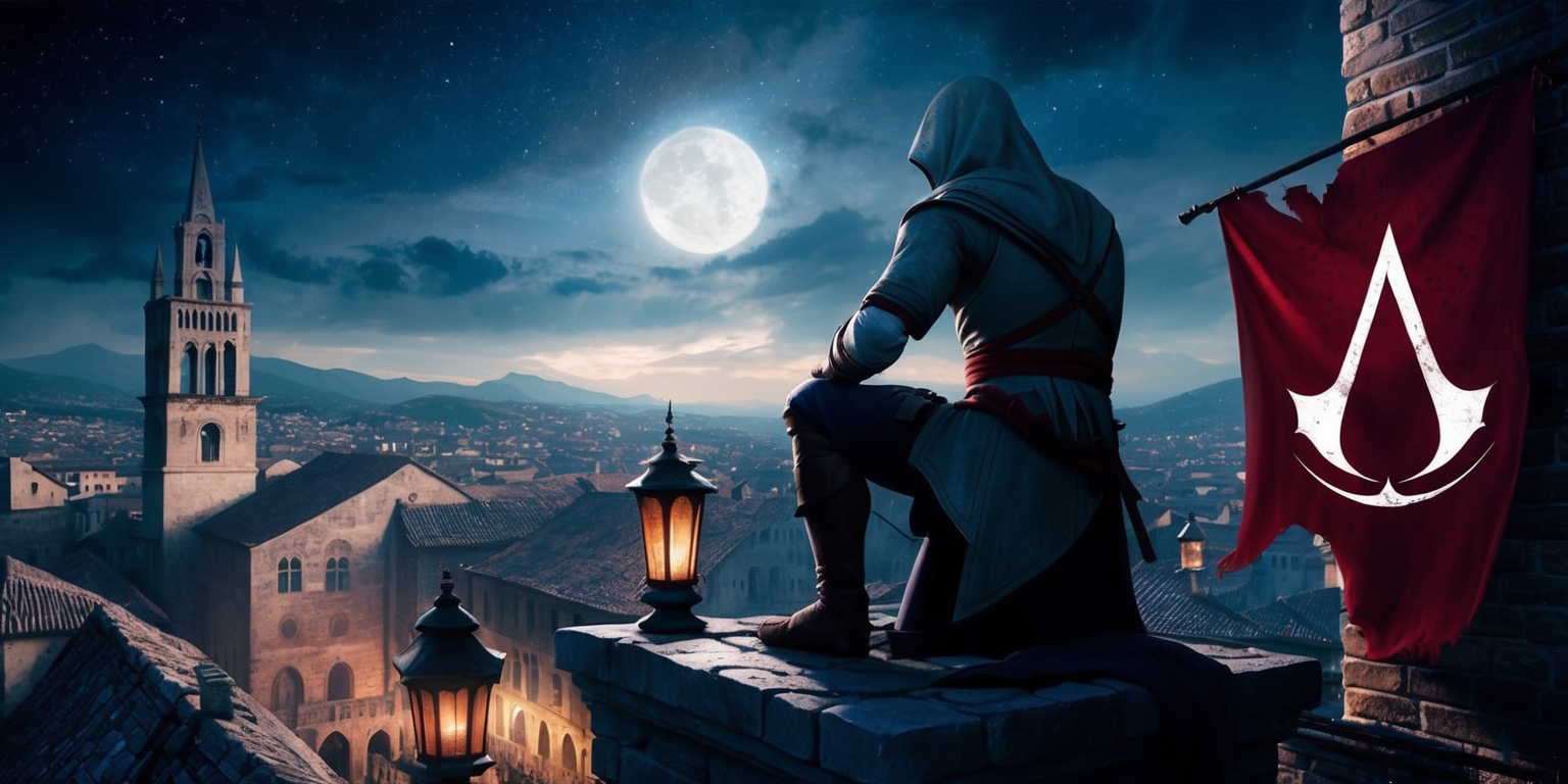 A mystical, moonlit cityscape set in Renaissance-era Italy, with a hooded assassin perched atop a Gothic-style cathedral, gazing out upon the sprawling metropolis, their silhouette juxtaposed against a vibrant, star-studded night sky, with subtle, atmospheric lighting casting long shadows across the stone rooftops and narrow alleyways, adorned with ornate lanterns and fluttering banners, as the faint glow of luminescent tattoos on the assassin's hands and face hints at their ancient lineage, amidst a backdrop of rolling hills and distant Apennine Mountains, with the subtle, weathered logo of the Assassin's Creed emblazoned on a torn, crimson banner waving in the gentle breeze.