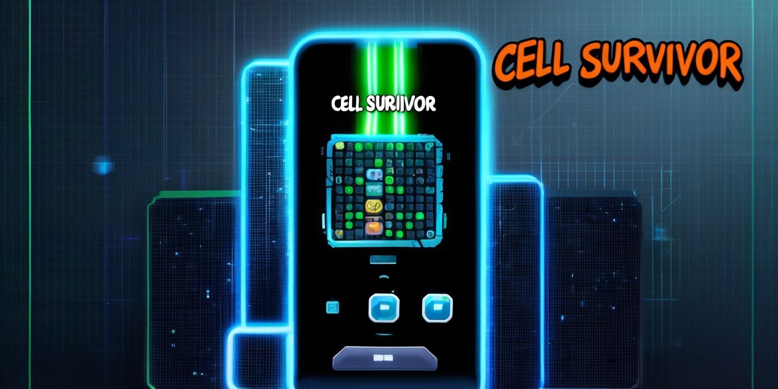 A futuristic cell phone screen displaying the Cell Survivor game, with a bold, neon-lit interface and vibrant, electric blue and green hues, set against a dark, gradient background, featuring a survival-themed layout with minimalist, low-poly 3D graphics, and a large, rounded scoreboard in a sleek, silver font, with several small, white, pixelated icons and buttons, and a faint, grid-like pattern in the background, with the game's logo, a stylized, sans-serif, orange-text Cell Survivor at the top of the screen.