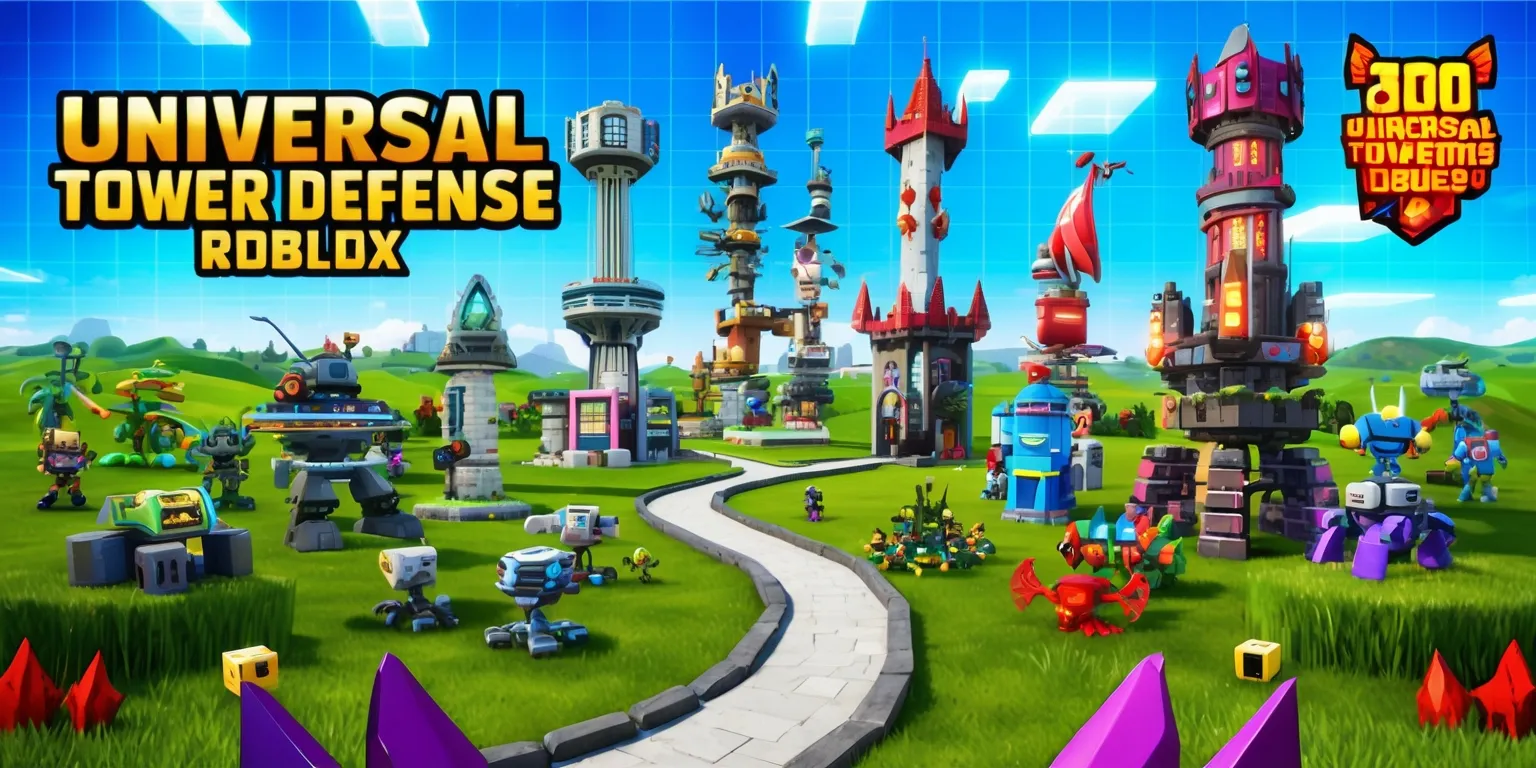 A detailed digital artwork of the Universal Tower Defense Roblox game, set in a vibrant, colorful environment with a variety of towers and enemies, featuring a mix of futuristic and medieval-style towers with unique designs and shapes, surrounded by lush green grass and a clear blue sky, with a winding path leading to the horizon, and a plethora of colorful game characters and obstacles, including robots, aliens, and fantasy creatures, with a bright and dynamic lighting scheme, and a subtle grid pattern in the background, giving a sense of depth and dimensionality to the scene, with bold, playful fonts and logos scattered throughout, showcasing the game's title and various power-ups and upgrades, all rendered in a stylized, cartoonish style reminiscent of popular online multiplayer games.