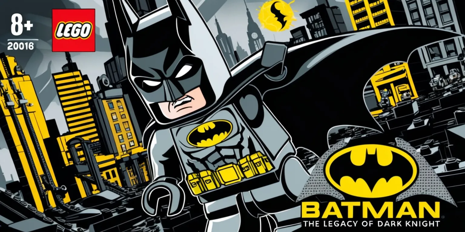 A detailed illustration of the Lego Batman: The Legacy of the Dark Knight game, showcasing the caped crusader in a dynamic pose, with a cityscape in the background, featuring iconic buildings and the Bat-Signal shining bright, the color palette is vibrant with shades of black, grey, and yellow, reflecting the mix of darkness and humor characteristic of the game, Batman's face is set in a determined expression, with a strong jawline and piercing eyes, the Lego bricks are visible in the scenery, adding a tactile and playful touch to the image, the overall style is a blend of comic book and video game aesthetics, with bold lines and textured surfaces, the layout is action-oriented, with Batman at the center, and the cityscape sprawling out around him, the game's logo is prominently displayed in a stylized, bold font, with the Lego Batman emblem emblazoned on the Bat-Suit.