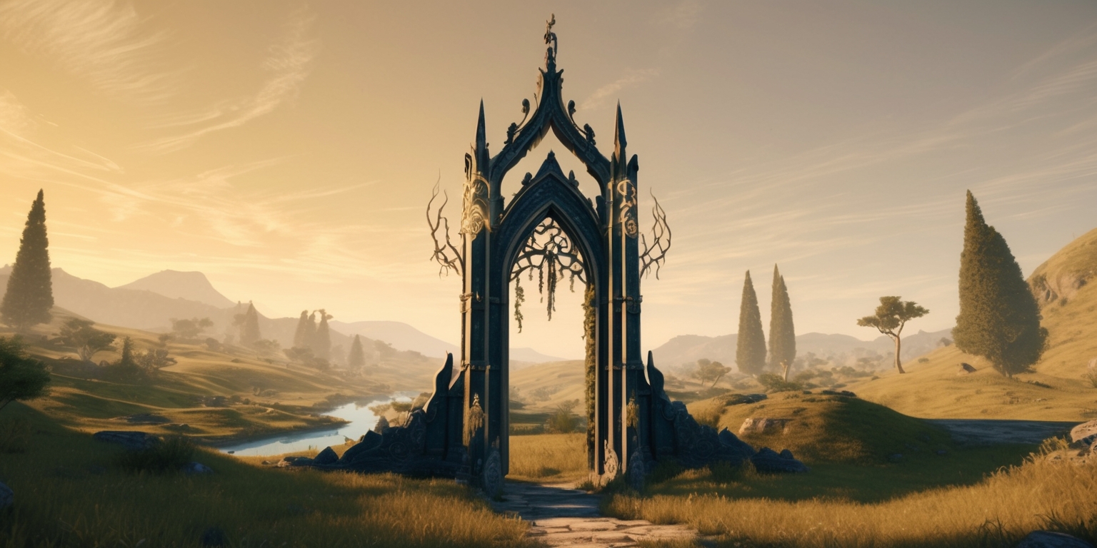A sprawling, fantastical landscape from the remastered version of the Oblivion game, set against a warm, golden-hued sky with subtle, wispy clouds, evoking a sense of nostalgia and wonder. In the foreground, a majestic, gothic-style gate stands tall, adorned with intricate, ornate details and mysterious, ancient runes that shimmer with a soft, ethereal glow. The surrounding environment is lush and vibrant, with rolling hills, towering trees, and a meandering, crystal-clear river that winds its way through the scenery. The atmosphere is serene, yet hinted at is the promise of adventure and danger lurking just beyond the horizon. Every element is meticulously rendered in high-definition, with precise textures, subtle animations, and a level of graphical fidelity that brings the world to life.