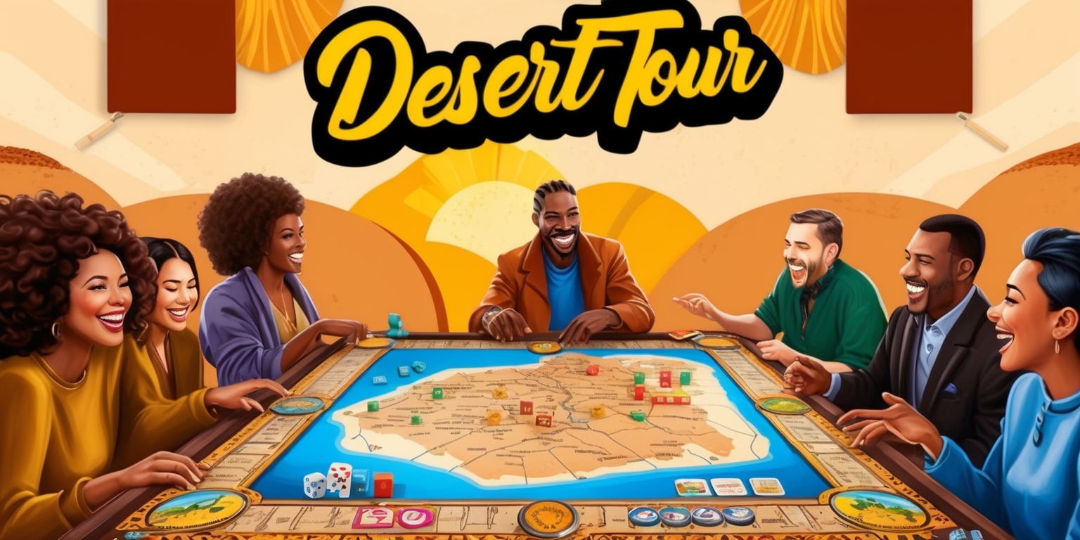 A vibrant and exciting scene of a Desert Tour board game event, set against a warm and inviting background with shades of beige and golden brown, featuring a large, ornate game board in the center with a map of the desert, surrounded by colorful player tokens and dice, with several people of diverse skin tones and facial features, including a woman with curly brown hair and a man with a strong jawline, all engaged in the game, laughing and strategizing together, with a few snacks and drinks on a nearby table, and a banner with bold, cursive text reading Desert Tour in a bright, sunny yellow color, hanging above the game board, with a mix of modern and traditional elements in the overall style, and a shallow depth of field to emphasize the game and its players.