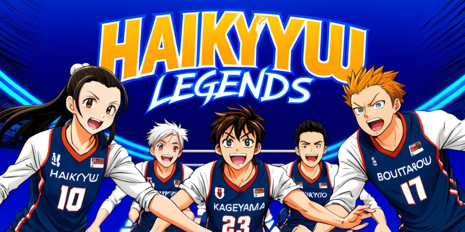 A vibrant and dynamic digital illustration of the Haikyuu Legends game, set against a bold blue background with subtle gradient effects, evoking the excitement of a live volleyball match. The main characters, including Hinata Shoyo, Kageyama Tobio, and Bokuto Koutarou, are prominently featured in mid-game actions, showcasing their signature moves and facial expressions, with detailed skin tones, hair textures, and uniforms that reflect their team colors. The illustration style blends traditional anime-inspired designs with modern digital art, incorporating subtle texture and shading to create a sense of depth and energy. The title Haikyuu Legends is emblazoned in bold, stylized font across the top of the image, with the words Game written in a smaller, curved line beneath, in a bright, electric blue that pops against the darker background. The overall composition is balanced and visually striking, capturing the competitive spirit and camaraderie of the beloved characters.