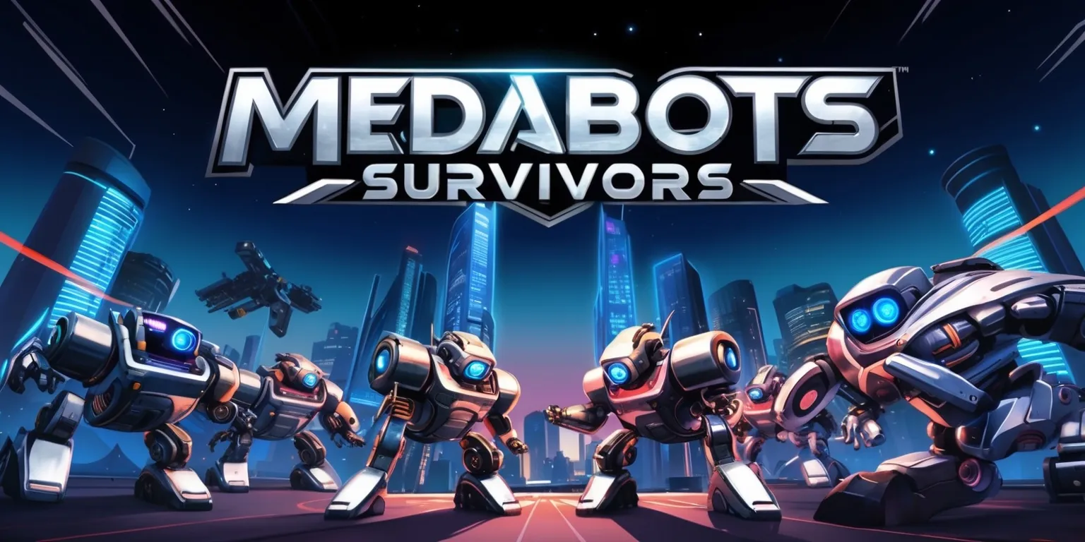 A detailed illustration of the Medabots Survivors game, featuring a futuristic cityscape with sleek skyscrapers and neon lights, set against a dark blue evening sky with a few stars visible, the Medabots robots are prominently displayed in the foreground, with metallic bodies, glowing blue eyes, and unique mechanical features, the game's logo is emblazoned in bold, silver letters with a futuristic font style, at the top of the image, with a subtle gradient effect, the overall style is reminiscent of anime and manga, with vibrant colors and sharp lines, the layout is dynamic, with the Medabots robots positioned in a heroic stance, ready for action, the image is filled with a sense of energy and excitement, capturing the essence of the game's thrilling adventure and competitive spirit.
