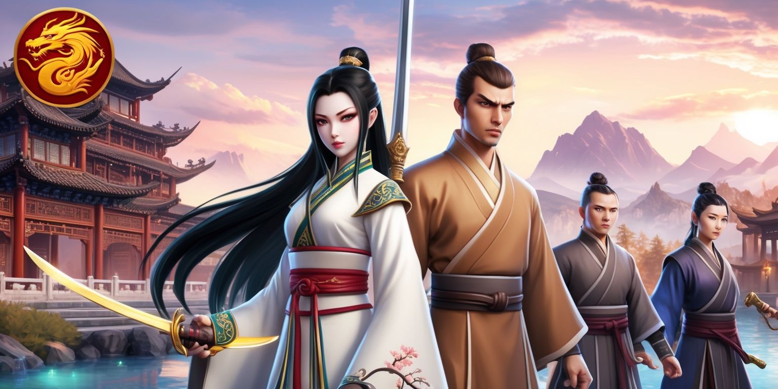 A visually stunning scene from a Wuxia themed massively multiplayer online role-playing game, with intricate traditional Chinese architectural elements, majestic mountains, and serene water features in the background, set against a warm sunset sky with hues of orange, pink, and purple, while in the foreground, a group of characters with unique martial arts skills and elegant traditional Chinese attire, including a female warrior with long black hair, porcelain skin, and piercing green eyes, wielding a golden sword, stands alongside a male monk with a strong jawline, bronze skin, and an intense gaze, dressed in a simple yet elegant brown robe, with a subtle aura of chi surrounding them, as they prepare for an epic battle against a dark evil force, with the game's logo, a stylized golden dragon, embedded in the top left corner of the screen, in a beautiful, fantasy, action-packed, and adventure-filled artwork.