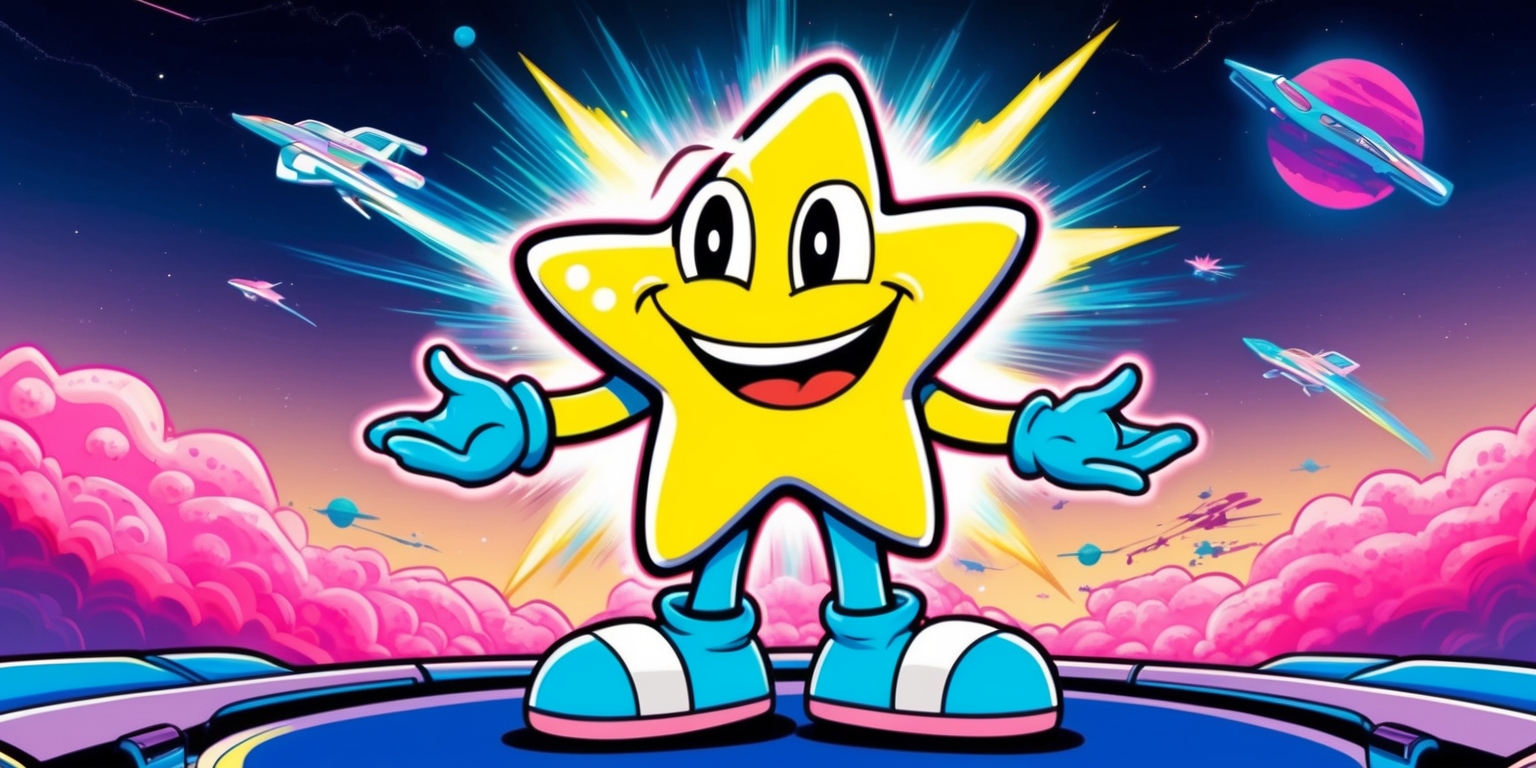 A colorful, vibrant illustration depicting Ristar, the cheerful, stretchy-armed star-like humanoid protagonist from the classic Sega game, standing in a futuristic, cosmic environment with stars, planets, and spaceships flying by in the background, showcasing his iconic ability to stretch his arms and legs to interact with his surroundings, with a bright, shining aura surrounding him, set against a deep blue-purple galaxy sky with subtle, swirling clouds of pink and yellow gas, and a subtle gradient effect to give the image a sense of depth and dimension, with bold, crisp lines and vibrant colors reminiscent of 90s video game art, and Ristar's facial features showcasing a bright, toothy smile and big, shining eyes full of wonder and excitement.